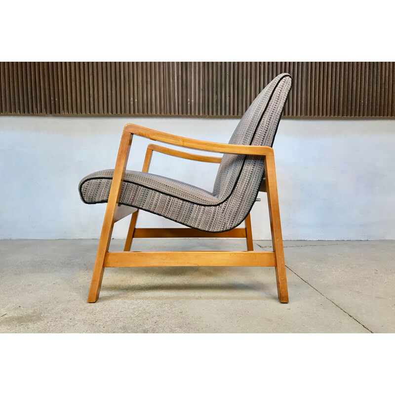 Vintage Vostra 602 fauteuil in grijze wol en beukenhout voor Knoll, Duitsland 1950