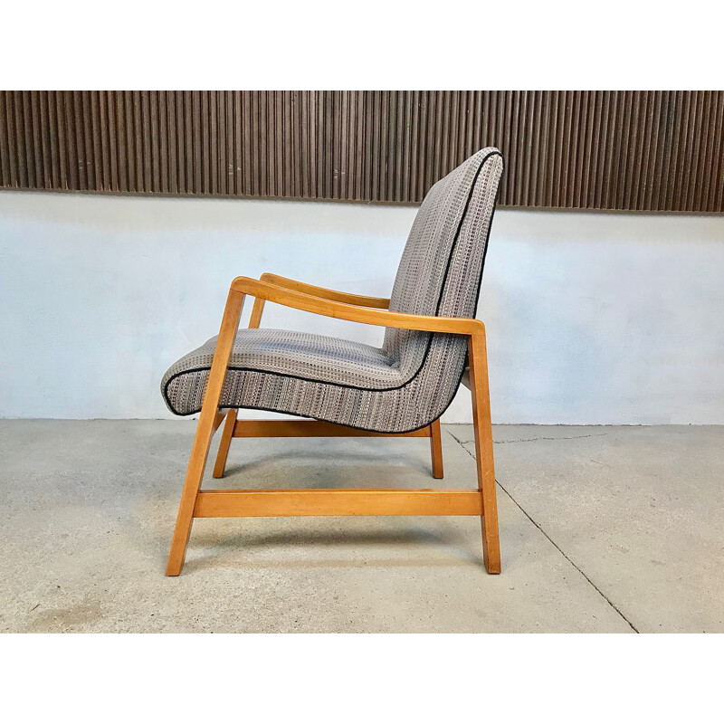 Vintage Vostra 602 fauteuil in grijze wol en beukenhout voor Knoll, Duitsland 1950