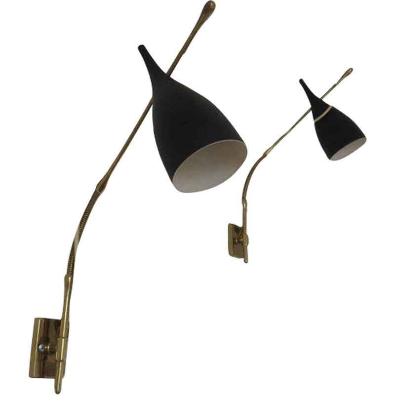 Pair of vintage Pulcinella sconces for Arredoluce in aluminium and brass 1950
