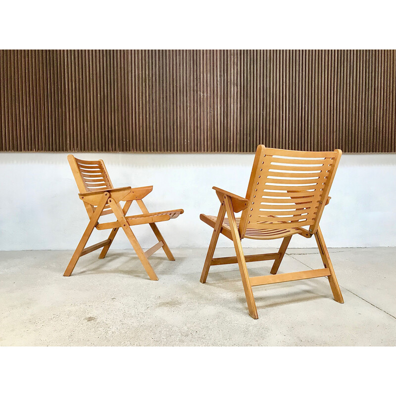 Pair of vintage Rex Folding chairs for Impakta Les in beech and metal 1960s