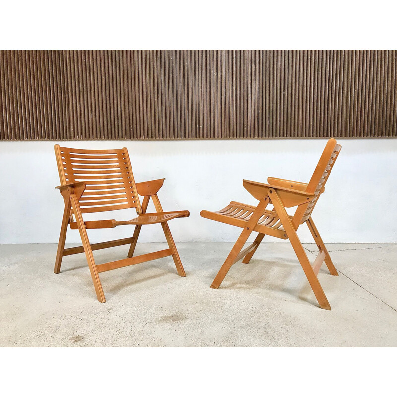 Pair of vintage Rex Folding chairs for Impakta Les in beech and metal 1960s