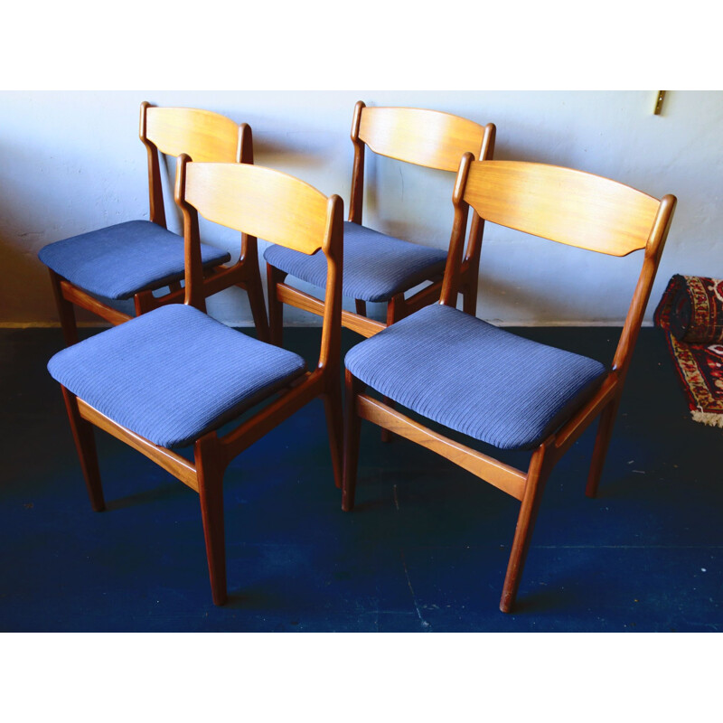 Set of 4 vintage danish chairs by Erik Buch in blue fabric and teak 1960s