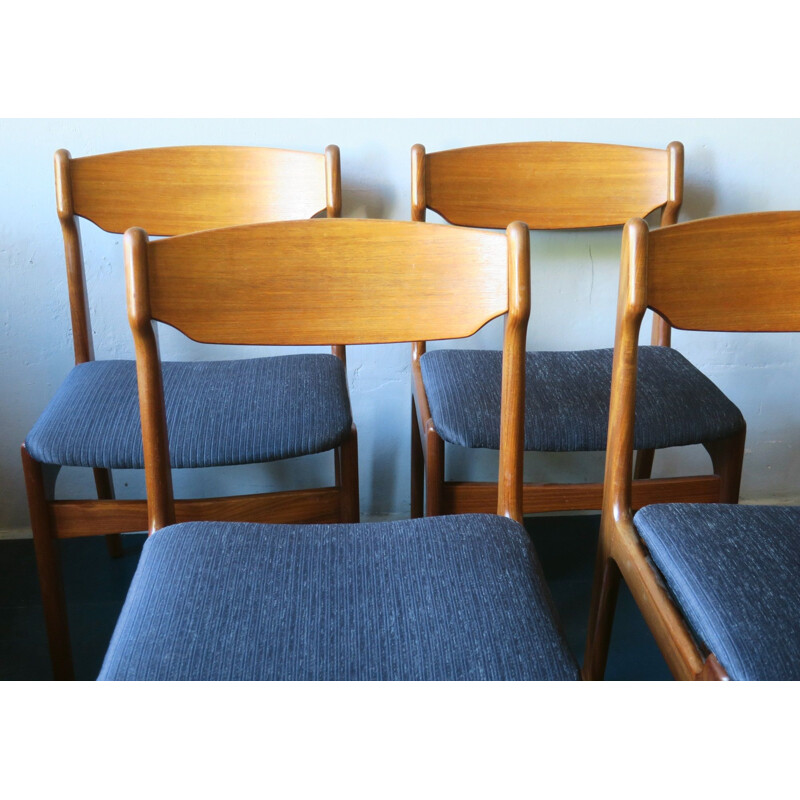 Set of 4 vintage danish chairs by Erik Buch in blue fabric and teak 1960s