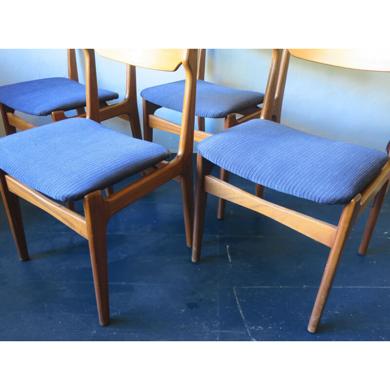 Set of 4 vintage danish chairs by Erik Buch in blue fabric and teak 1960s