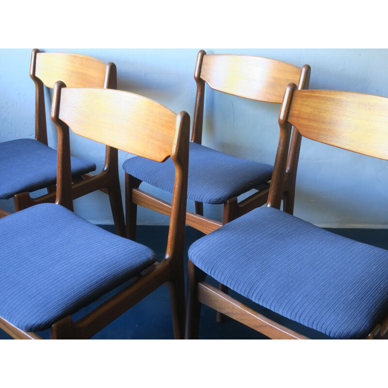 Set of 4 vintage danish chairs by Erik Buch in blue fabric and teak 1960s