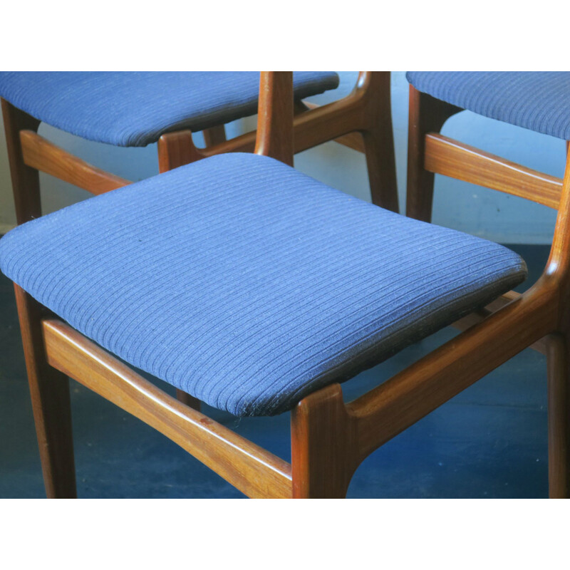 Set of 4 vintage danish chairs by Erik Buch in blue fabric and teak 1960s