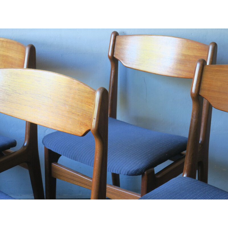 Set of 4 vintage danish chairs by Erik Buch in blue fabric and teak 1960s