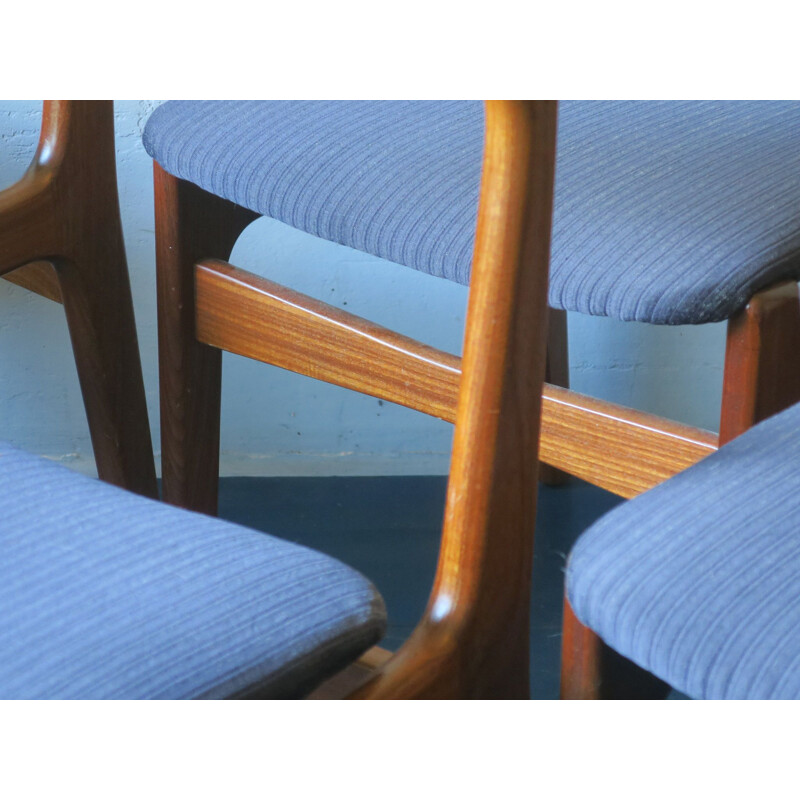 Set of 4 vintage danish chairs by Erik Buch in blue fabric and teak 1960s