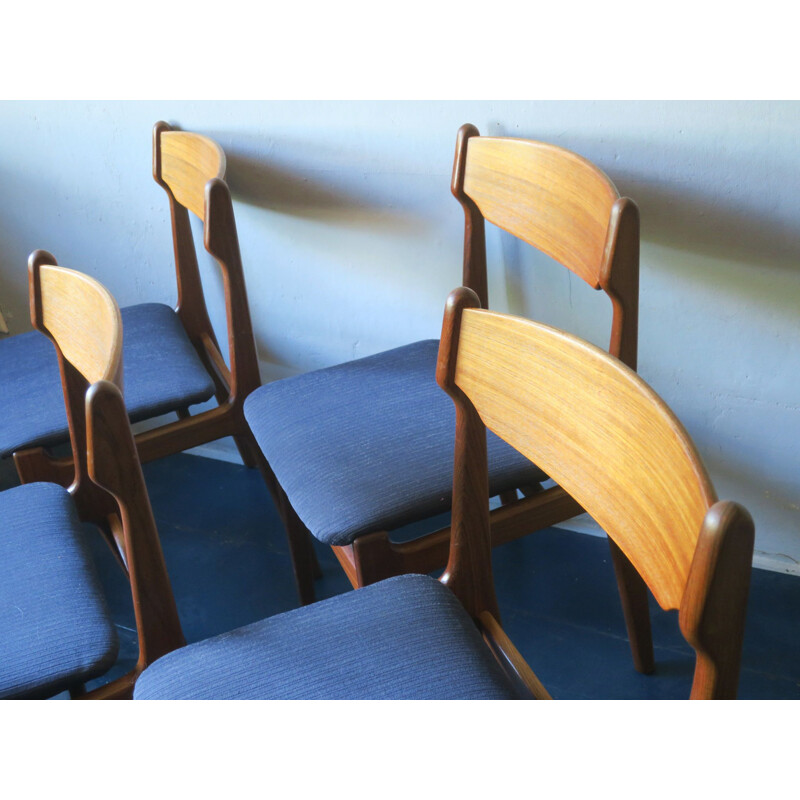 Set of 4 vintage danish chairs by Erik Buch in blue fabric and teak 1960s