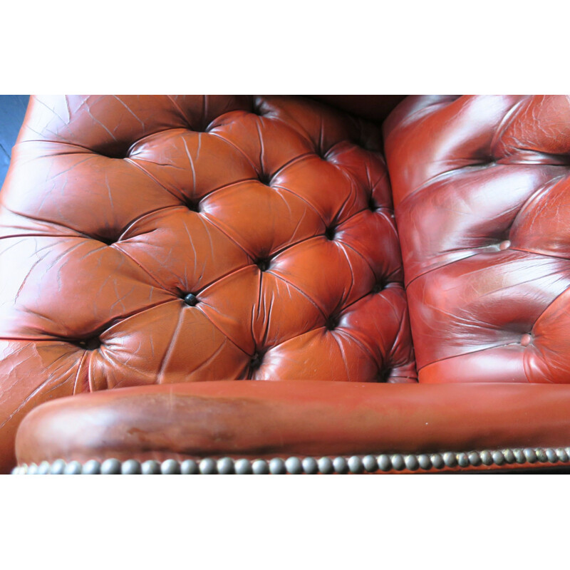 Vintage tufted chesterfield brown leather wing armchair