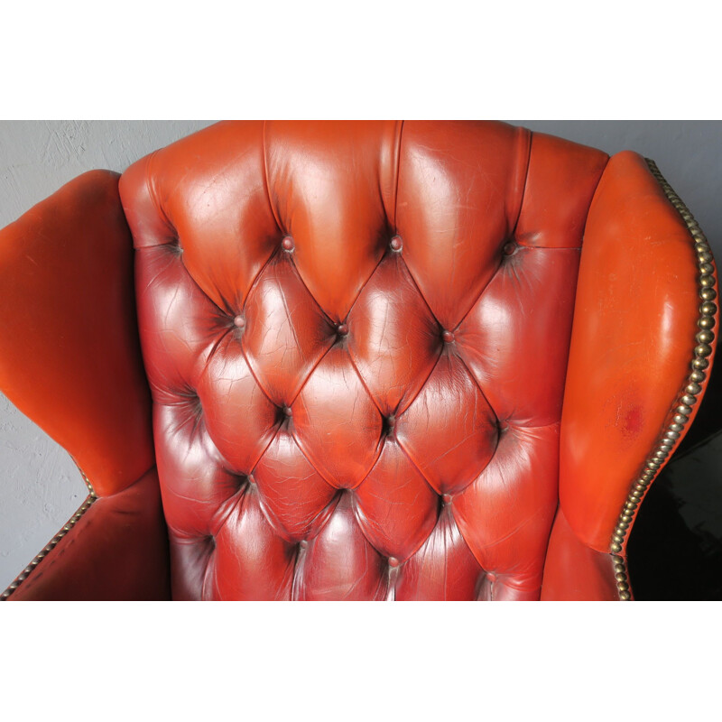 Vintage tufted chesterfield brown leather wing armchair