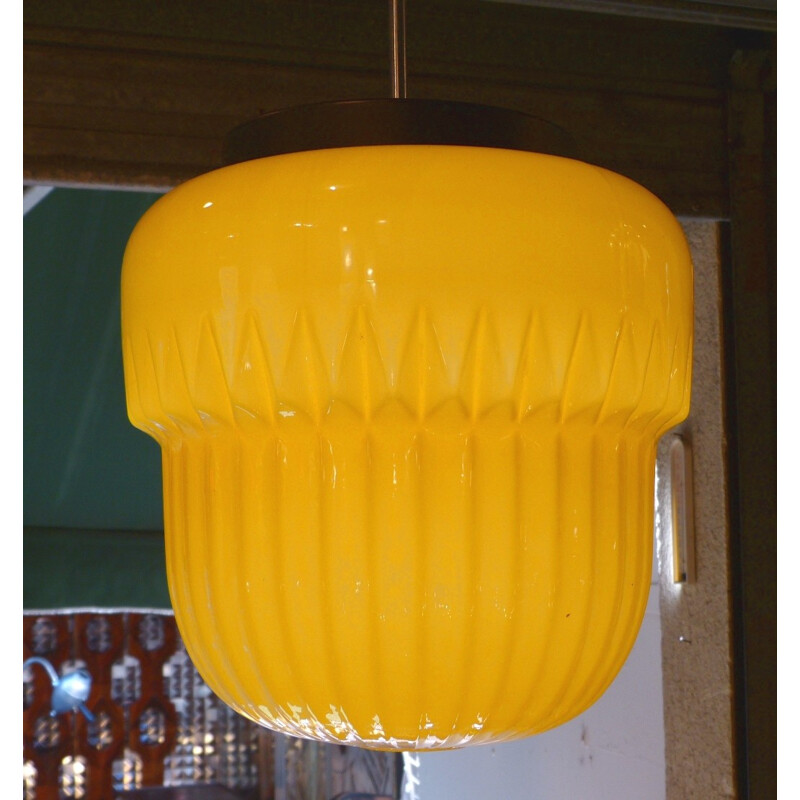 Textured, patterned yellow hanging lamp - 1950s
