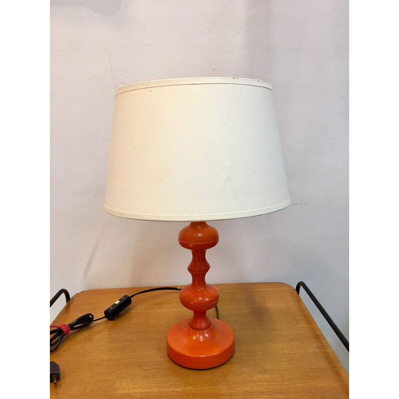 Vintage lamp orange turned wooden foot 1970s