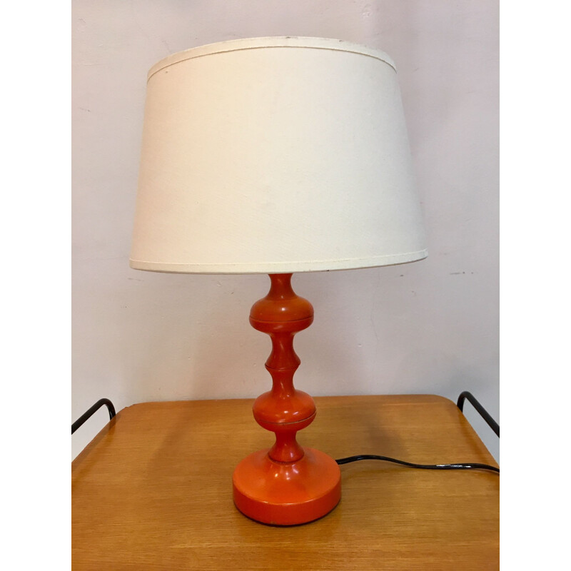 Vintage lamp orange turned wooden foot 1970s