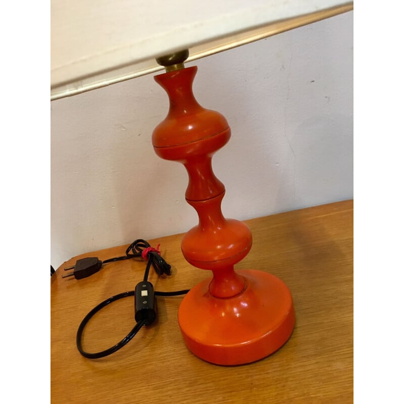 Lampe vintage pied bois tourné orange 1970s