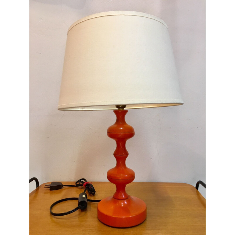 Vintage lamp orange turned wooden foot 1970s