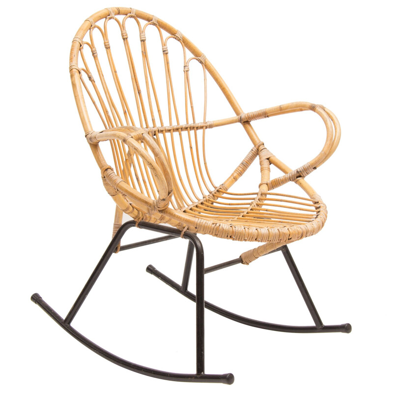 Vintage rocking chair in rattan by Rohe Schommelstoel 1960s