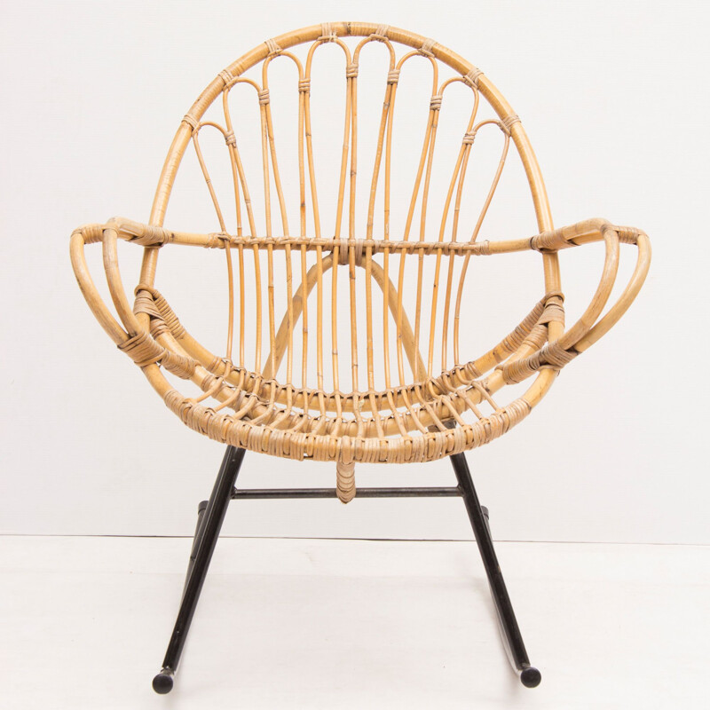 Vintage rocking chair in rattan by Rohe Schommelstoel 1960s