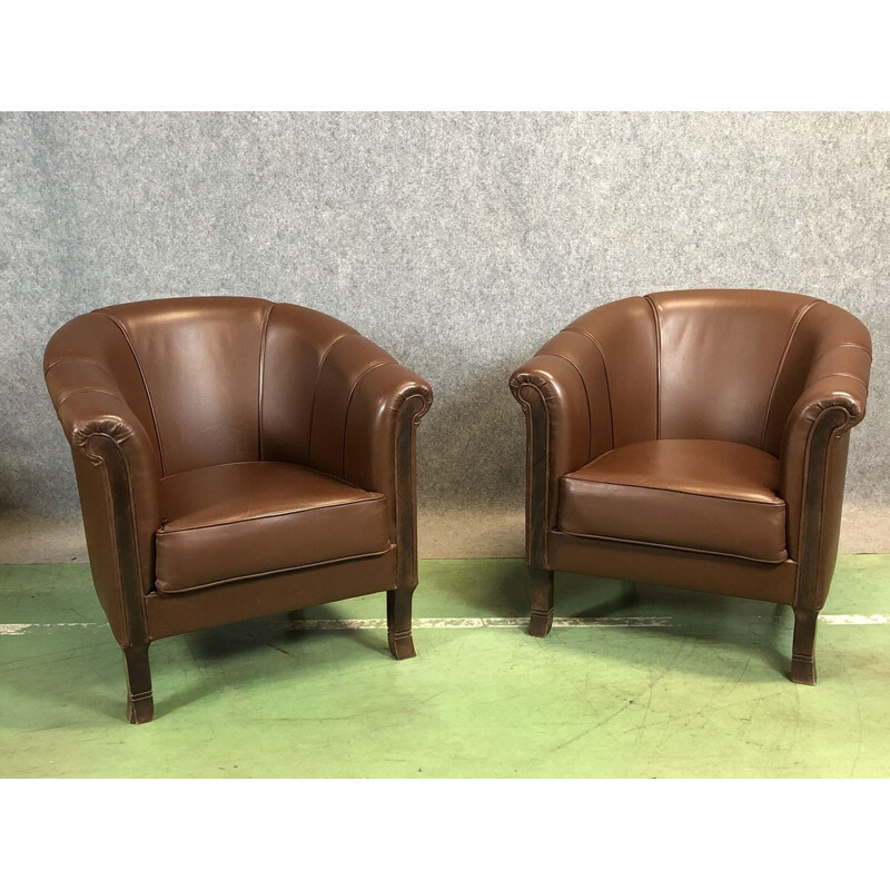 Paire de fauteuils vintage club en cuir France