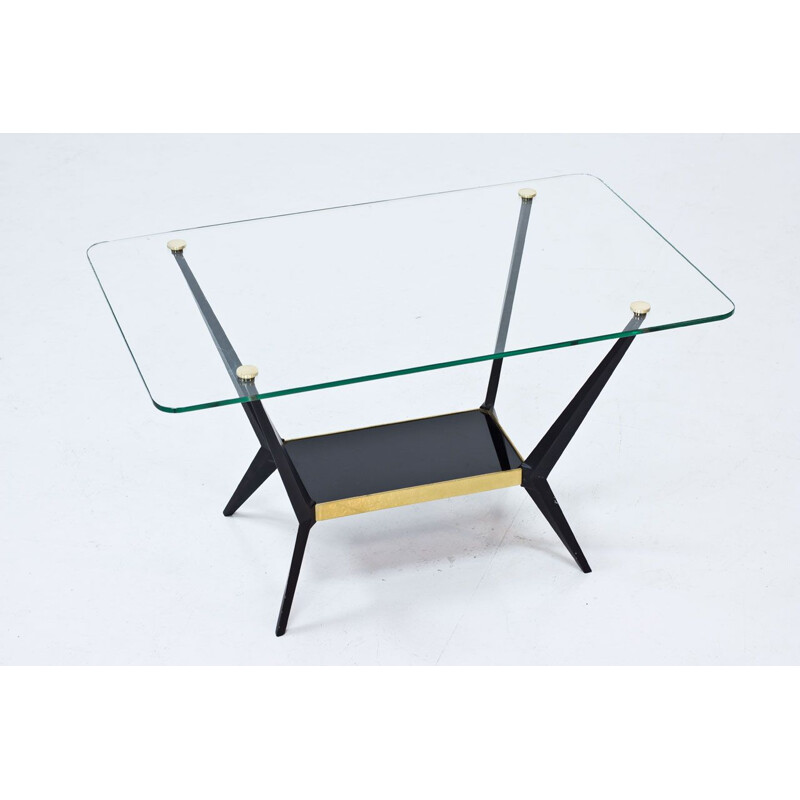 Vintage coffee table in brass, glass & metal by Angelo Ostuni, Italy 1950s 