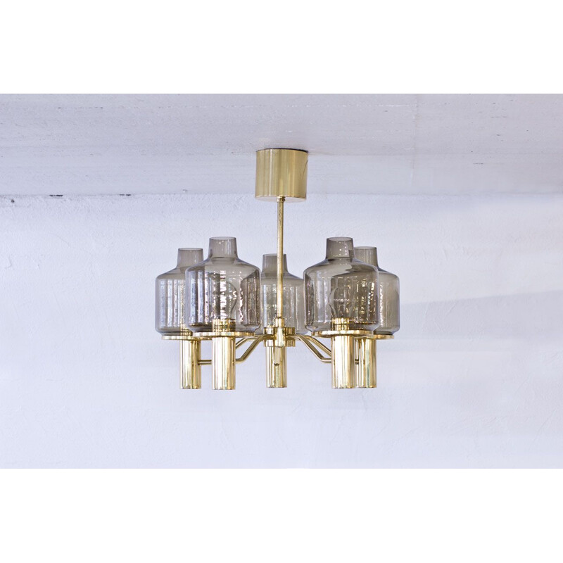 Vintage T 507 brass and smoked glass chandelier by Hans-Agne Jakobsson, Sweden 1960