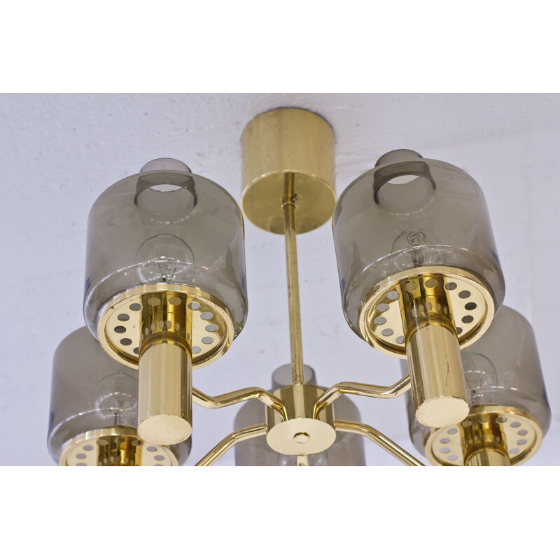 Vintage T 507 brass and smoked glass chandelier by Hans-Agne Jakobsson, Sweden 1960