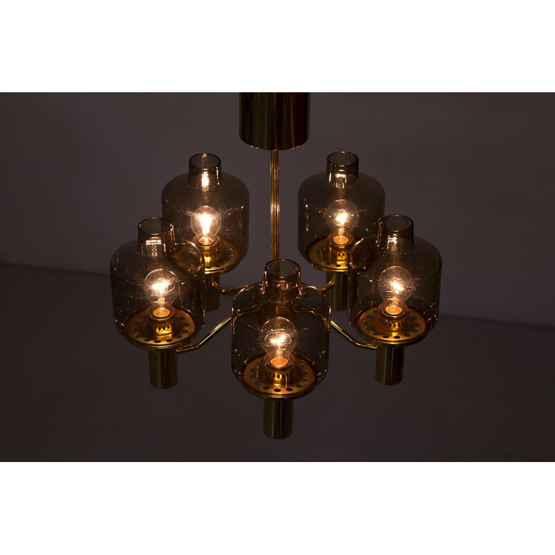 Vintage T 507 brass and smoked glass chandelier by Hans-Agne Jakobsson, Sweden 1960
