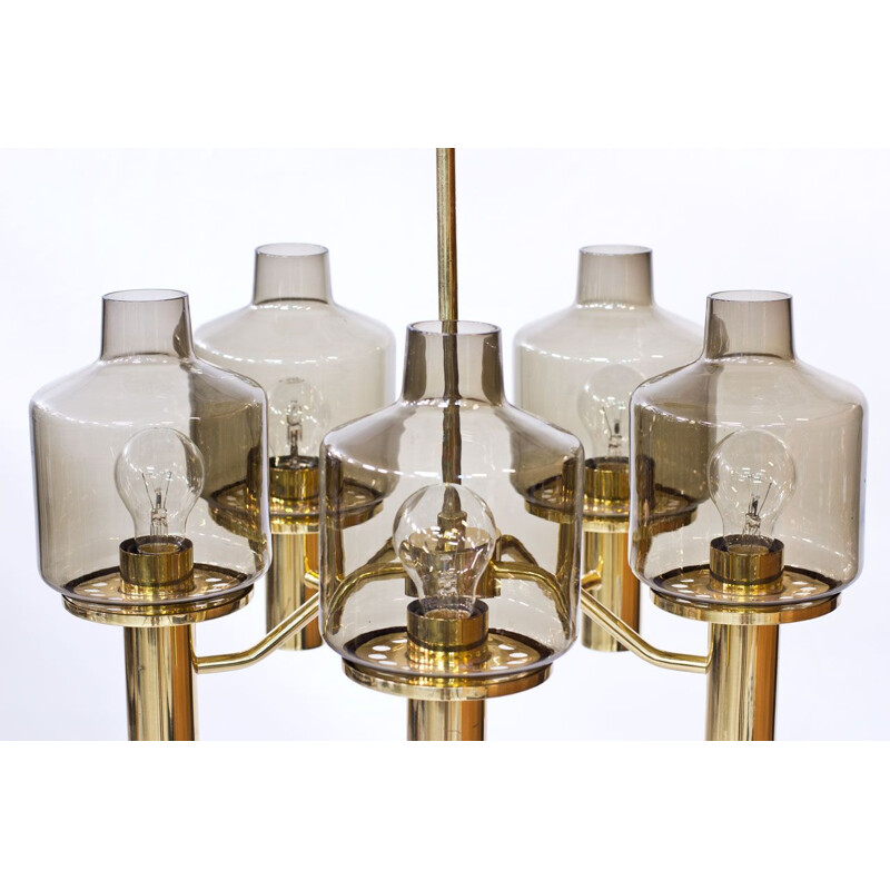 Vintage T 507 brass and smoked glass chandelier by Hans-Agne Jakobsson, Sweden 1960