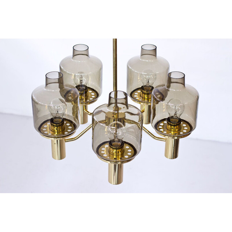 Vintage T 507 brass and smoked glass chandelier by Hans-Agne Jakobsson, Sweden 1960