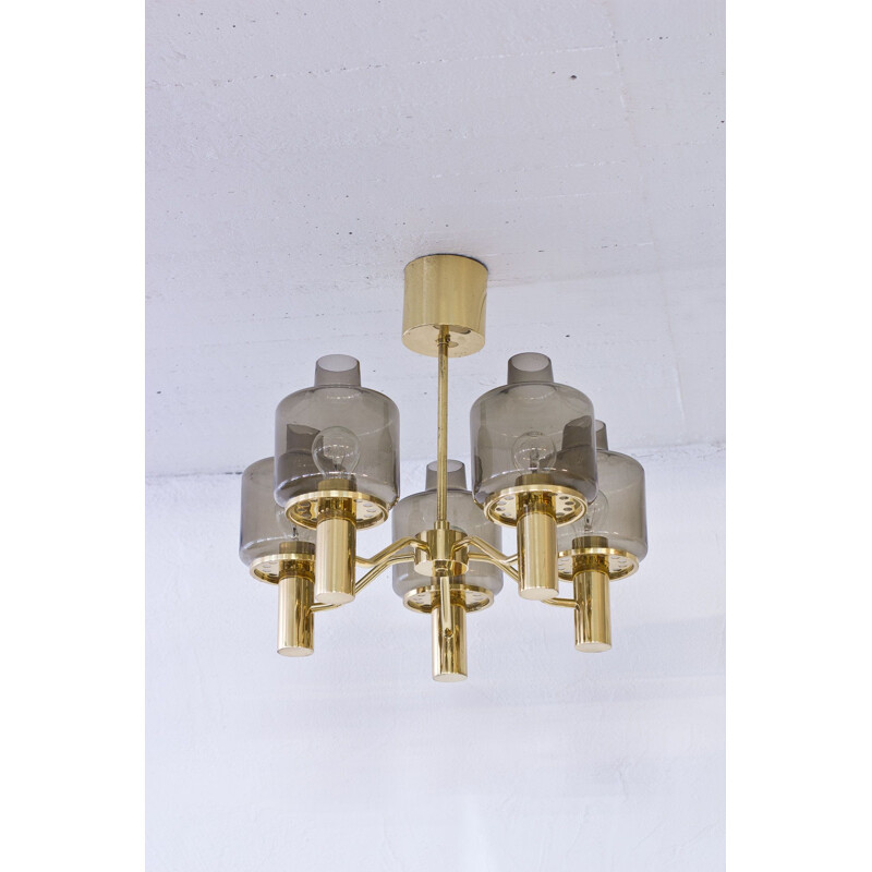 Vintage T 507 brass and smoked glass chandelier by Hans-Agne Jakobsson, Sweden 1960