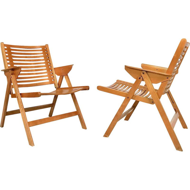 Pair of vintage Rex Folding chairs for Impakta Les in beech and metal 1960s