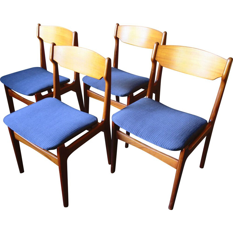 Set of 4 vintage danish chairs by Erik Buch in blue fabric and teak 1960s