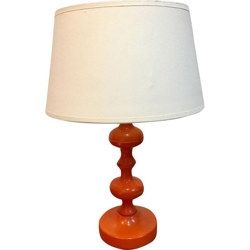 Lampe vintage pied bois tourné orange 1970s