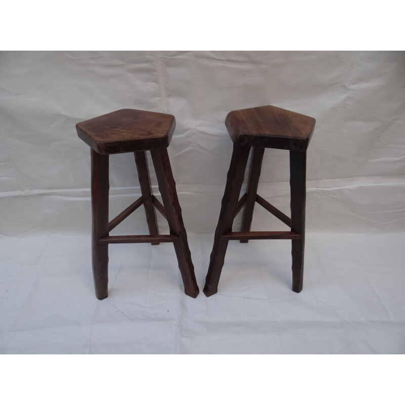 Pair of vintage brutalists stools in solid elm wood