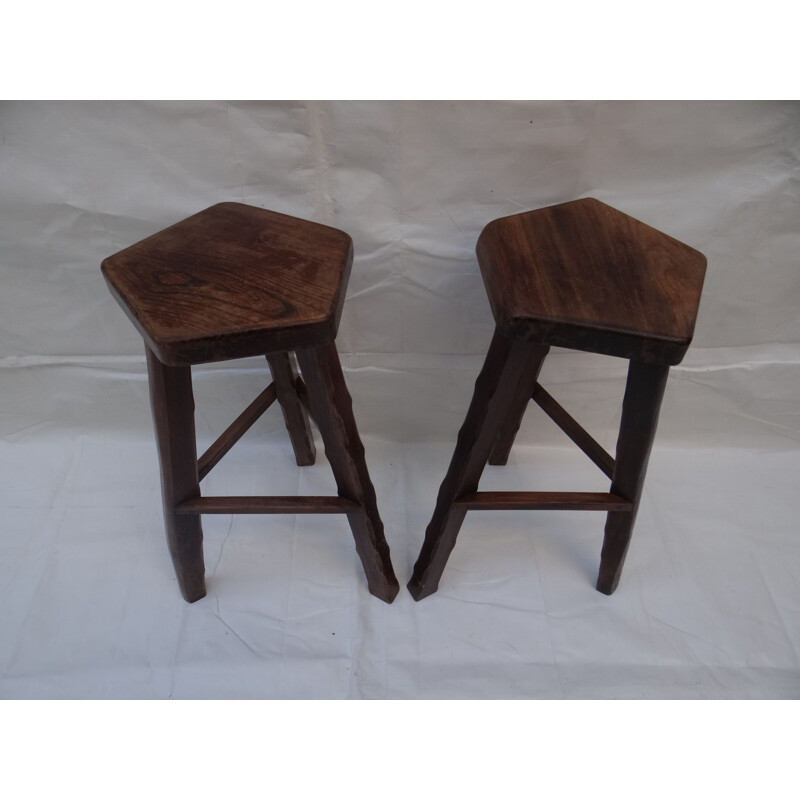 Pair of vintage brutalists stools in solid elm wood