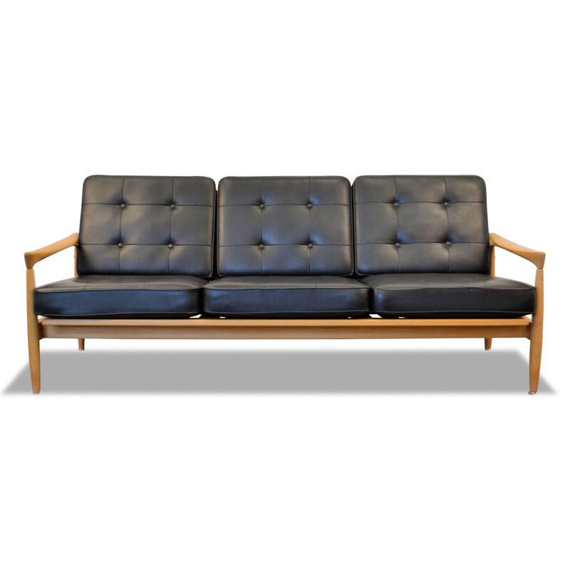 Vintage Kolding sofa by Erik Wørts in black leather and oak 1960s
