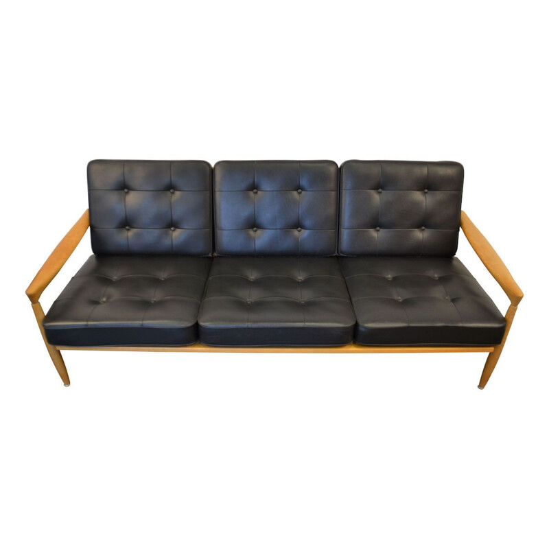 Vintage Kolding sofa by Erik Wørts in black leather and oak 1960s