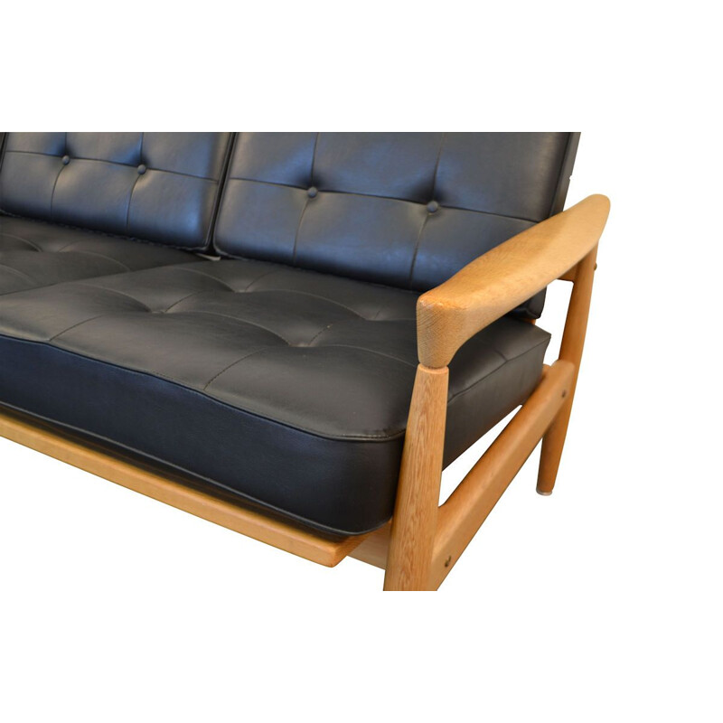 Vintage Kolding sofa by Erik Wørts in black leather and oak 1960s