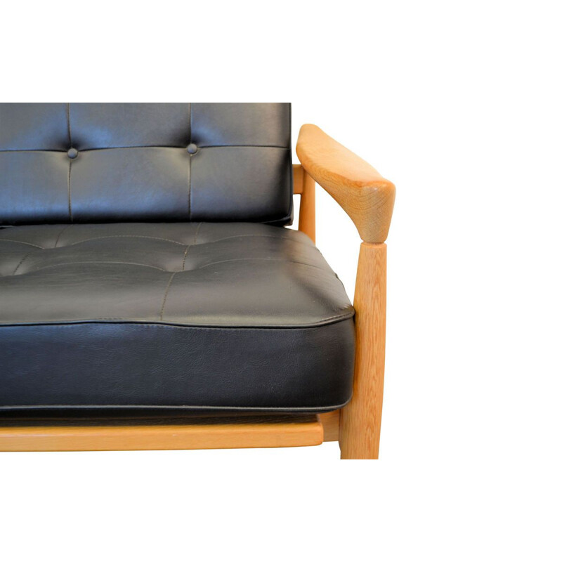 Vintage Kolding sofa by Erik Wørts in black leather and oak 1960s