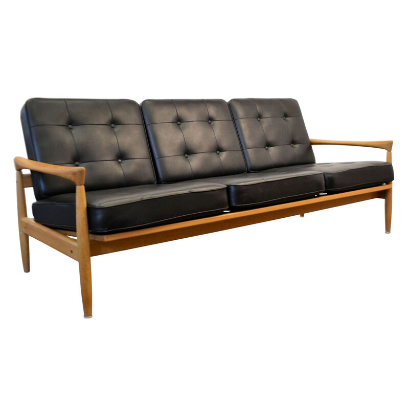 Vintage Kolding sofa by Erik Wørts in black leather and oak 1960s