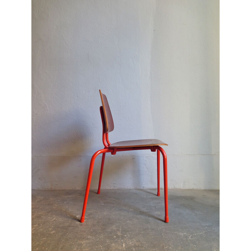Vintage danish chair in plywood and orange metal 1950