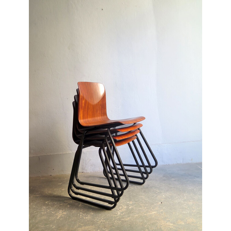 Vintage industrial stackable chair in metal and plywood