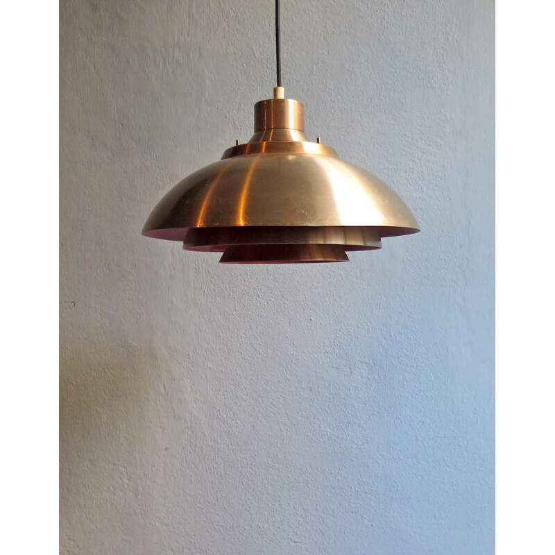 Vintage scandinavian golden and orange aluminium hanging lamp 1950