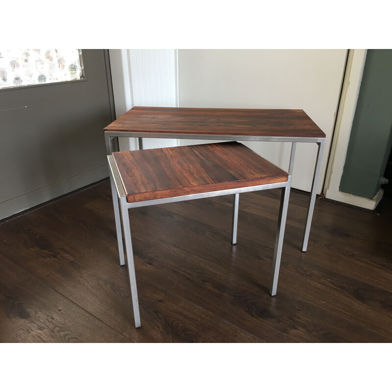 Set of 2 vintage side tables in rosewood and steel from Pastoe 1960s