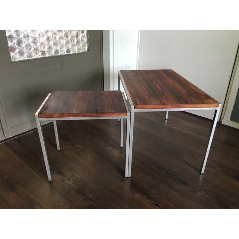 Set of 2 vintage side tables in rosewood and steel from Pastoe 1960s