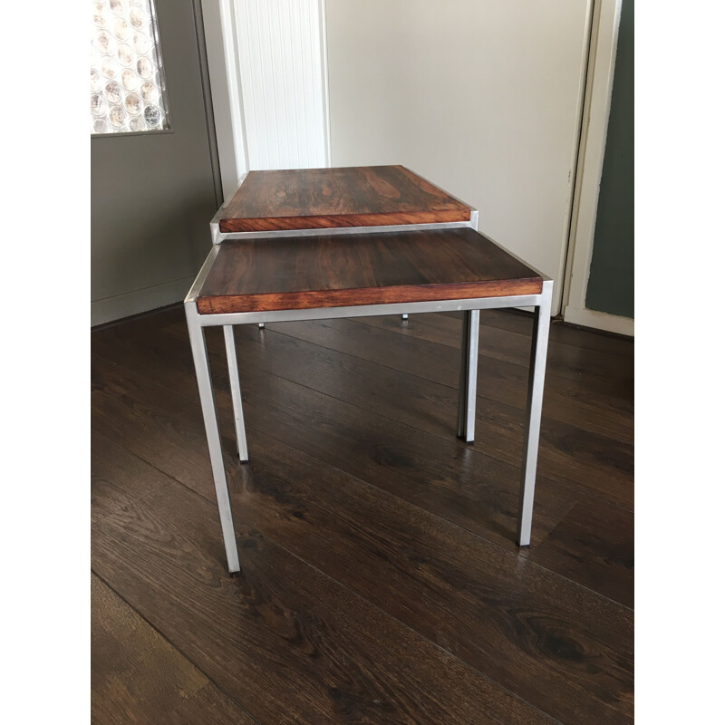 Set of 2 vintage side tables in rosewood and steel from Pastoe 1960s