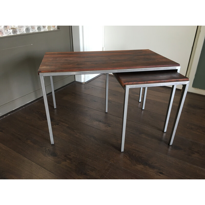 Set of 2 vintage side tables in rosewood and steel from Pastoe 1960s