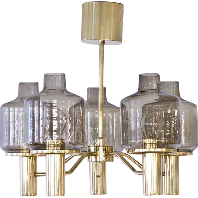 Vintage T 507 brass and smoked glass chandelier by Hans-Agne Jakobsson, Sweden 1960