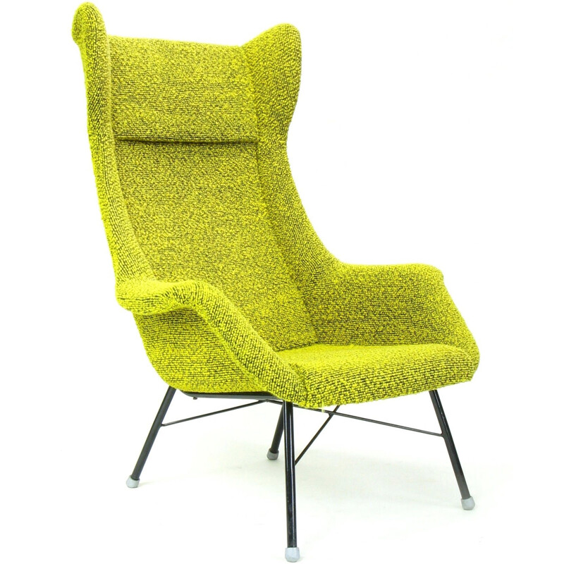 Vintage Wingback armchair in yellow and green fabric by Miroslav Navratil for Ton, 1960