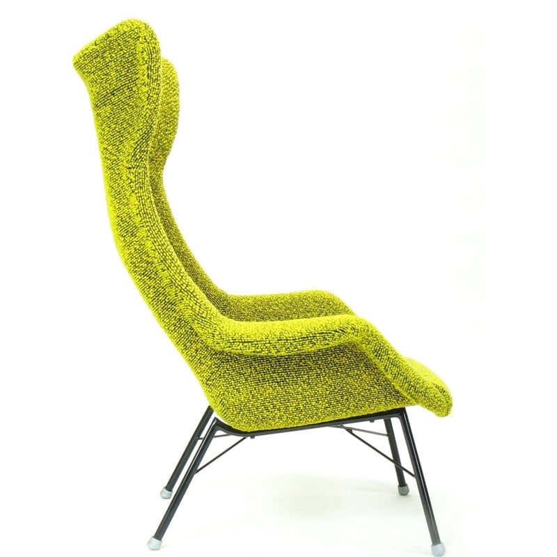 Vintage Wingback armchair in yellow and green fabric by Miroslav Navratil for Ton, 1960